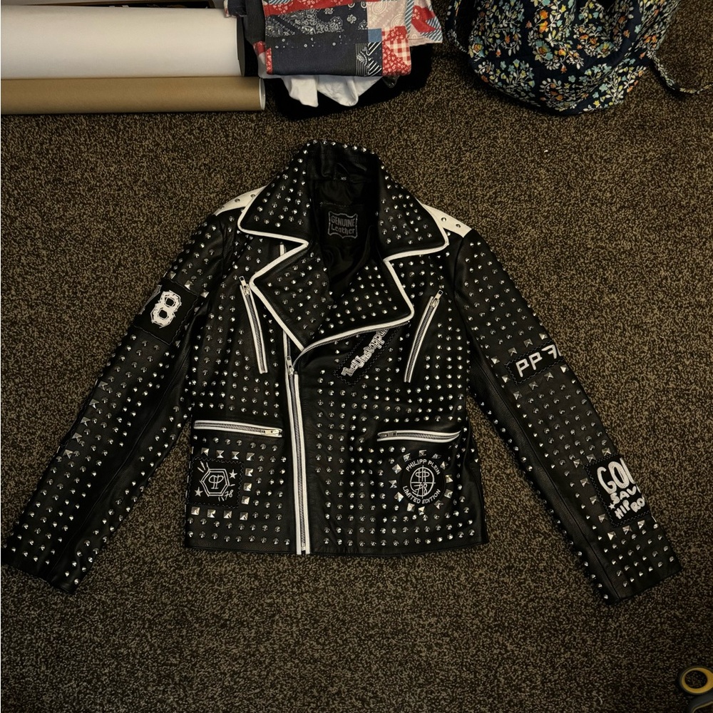 Philipp plein studded leather moto jacket